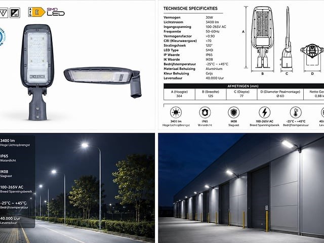 10 x led straatlamp 30w – 6400k koud wit - grijs – ip65 – florida-30 - afbeelding 2 van  5