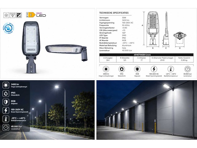 10 x led straatlamp 30w – 6400k koud wit - grijs – ip65 – florida-30 - afbeelding 2 van  2