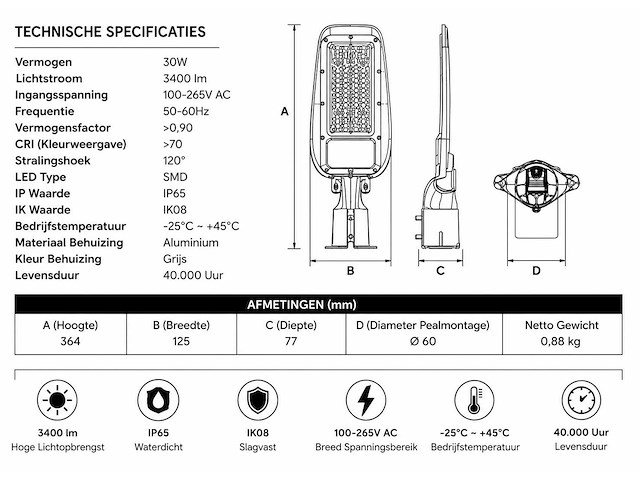 10 x led straatlamp 30w – 6400k koud wit - grijs – ip65 – florida-30 - afbeelding 4 van  5