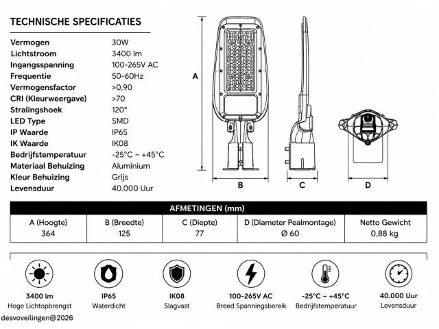 10 x led straatlamp 30w – 6400k koud wit - grijs – ip65 – florida-30 - afbeelding 5 van  6