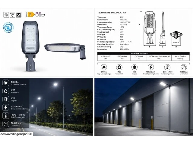 10 x led straatlamp 30w – 6400k koud wit - grijs – ip65 – florida-30 - afbeelding 6 van  6