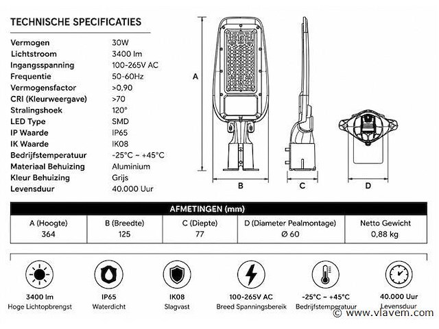10 x led straatlamp 30w – 6400k koud wit - grijs – ip65 – florida-30 - afbeelding 4 van  5