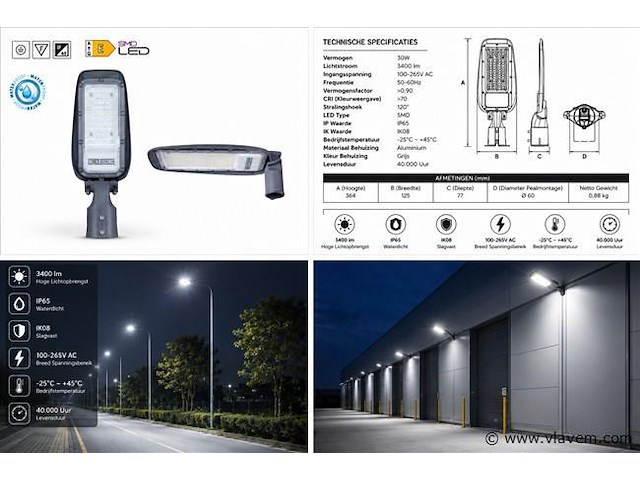 10 x led straatlamp 30w – 6400k koud wit - grijs – ip65 – florida-30 - afbeelding 5 van  5