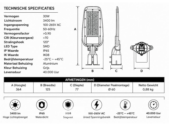 10 x led straatlamp 30w – 6400k koud wit - grijs – ip65 – florida-30 - afbeelding 5 van  6