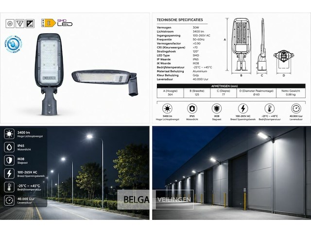 10 x led straatlamp 30w – 6400k koud wit - grijs – ip65 – florida-30 - afbeelding 6 van  6