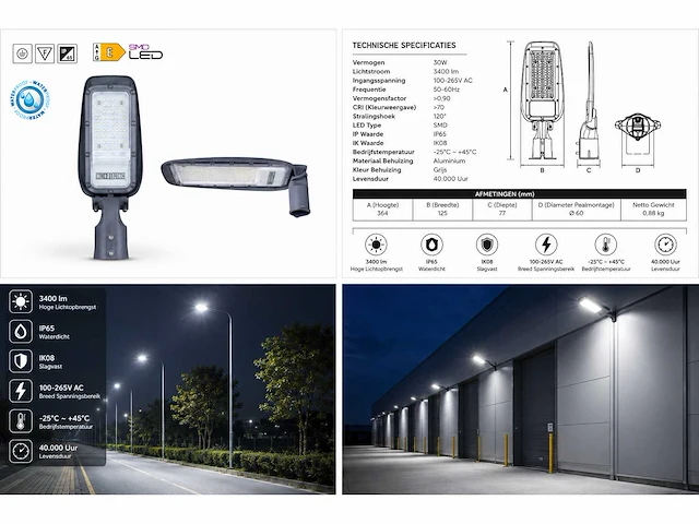 10 x led straatlamp 30w – 6400k koud wit - grijs – ip65 – florida-30 - afbeelding 5 van  5