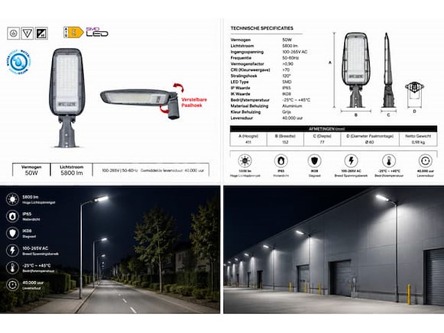 10 x led straatlamp 50w – 6400k koud wit - grijs – ip65 – florida-50 - afbeelding 1 van  5