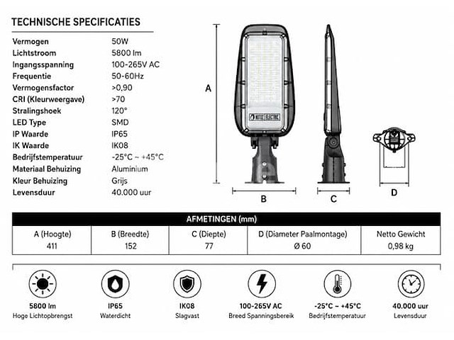 10 x led straatlamp 50w – 6400k koud wit - grijs – ip65 – florida-50 - afbeelding 4 van  5
