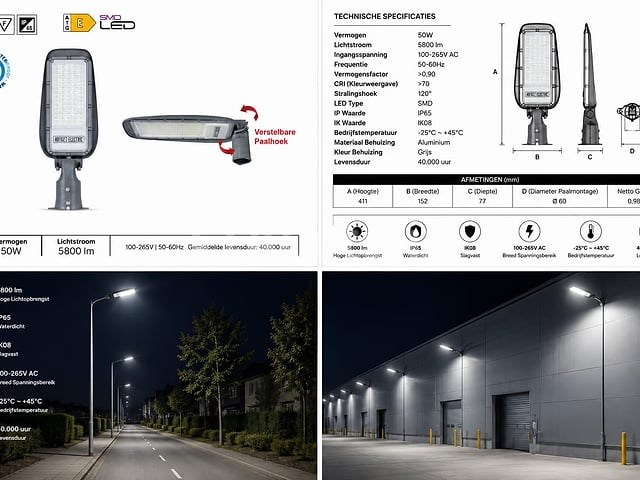 10 x led straatlamp 50w – 6400k koud wit - grijs – ip65 – florida-50 - afbeelding 1 van  5