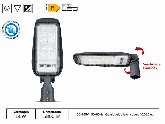 10 x led straatlamp 50w – 6400k koud wit - grijs – ip65 – florida-50 - afbeelding 3 van  5