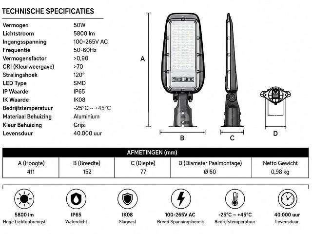 10 x led straatlamp 50w – 6400k koud wit - grijs – ip65 – florida-50 - afbeelding 4 van  5