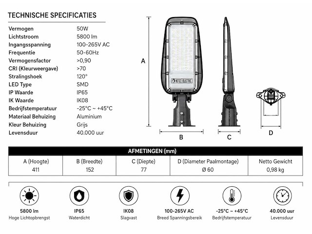 10 x led straatlamp 50w – 6400k koud wit - grijs – ip65 – florida-50 - afbeelding 4 van  5