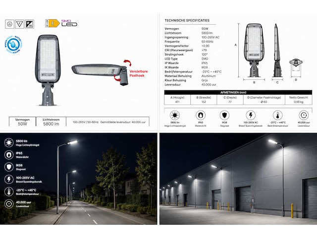 10 x led straatlamp 50w – 6400k koud wit - grijs – ip65 – florida-50 - afbeelding 5 van  5