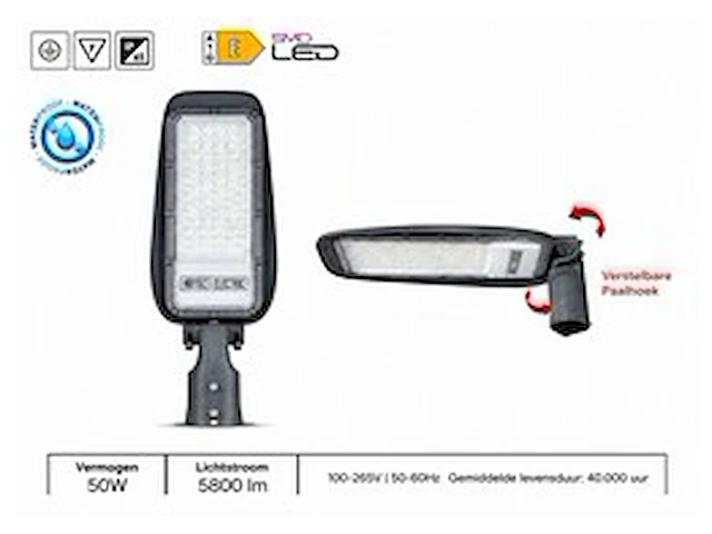 10 x led straatlamp 50w – 6400k koud wit - grijs – ip65 – florida-50 - afbeelding 1 van  6