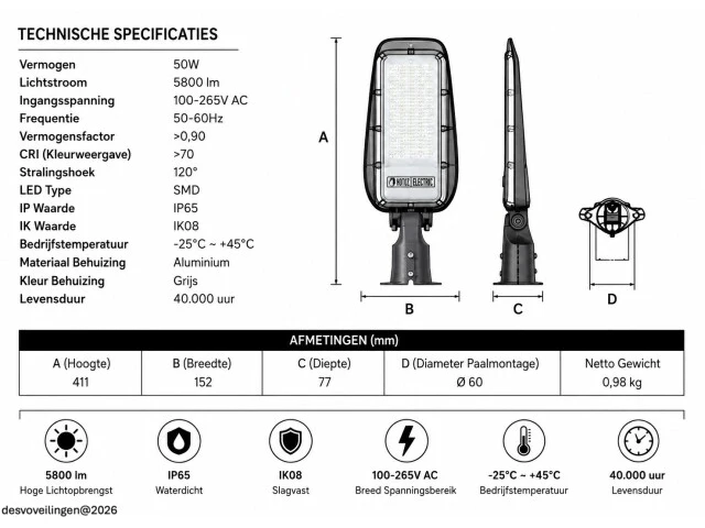 10 x led straatlamp 50w – 6400k koud wit - grijs – ip65 – florida-50 - afbeelding 5 van  6