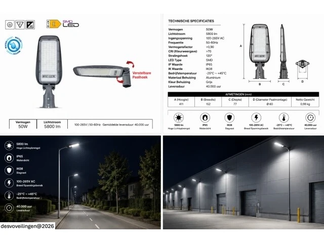 10 x led straatlamp 50w – 6400k koud wit - grijs – ip65 – florida-50 - afbeelding 6 van  6