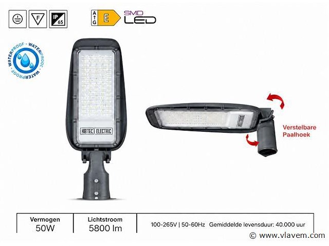 10 x led straatlamp 50w – 6400k koud wit - grijs – ip65 – florida-50 - afbeelding 1 van  5