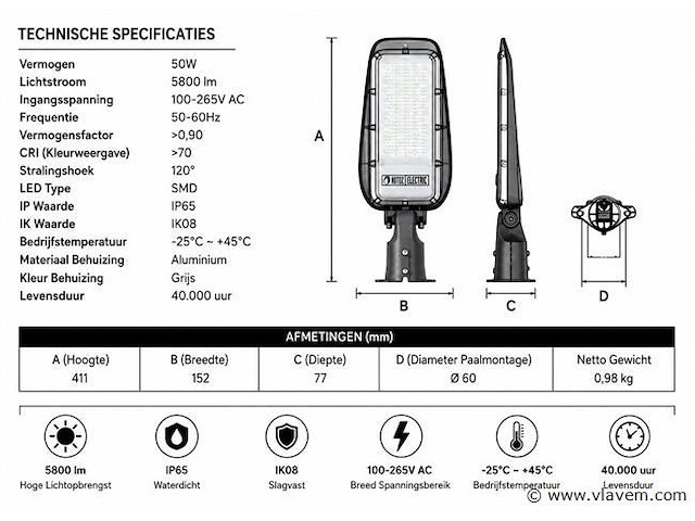 10 x led straatlamp 50w – 6400k koud wit - grijs – ip65 – florida-50 - afbeelding 4 van  5