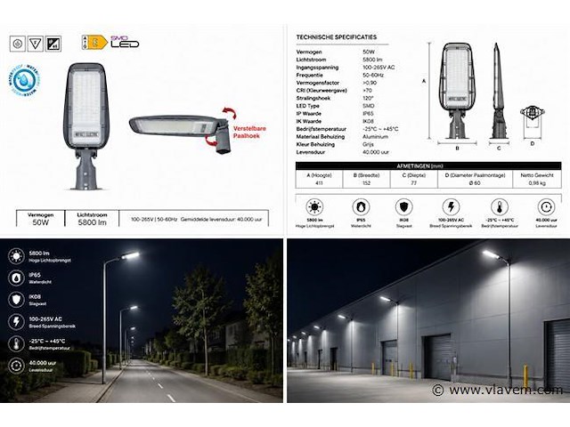 10 x led straatlamp 50w – 6400k koud wit - grijs – ip65 – florida-50 - afbeelding 5 van  5