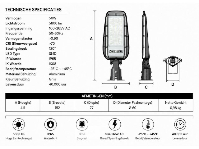 10 x led straatlamp 50w – 6400k koud wit - grijs – ip65 – florida-50 - afbeelding 5 van  6