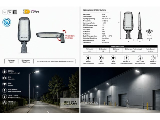 10 x led straatlamp 50w – 6400k koud wit - grijs – ip65 – florida-50 - afbeelding 6 van  6