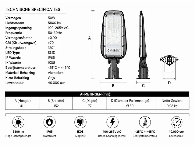 10 x led straatlamp 50w – 6400k koud wit - grijs – ip65 – florida-50 - afbeelding 4 van  5
