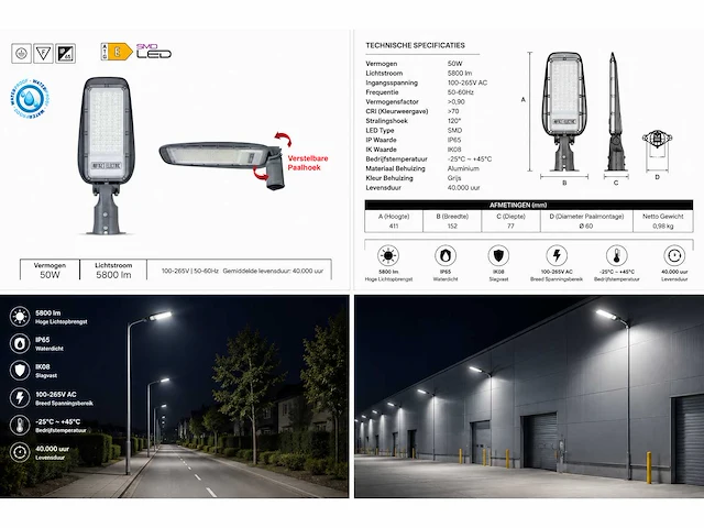 10 x led straatlamp 50w – 6400k koud wit - grijs – ip65 – florida-50 - afbeelding 5 van  5