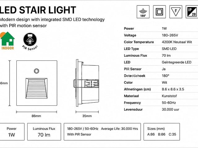 10 x led trapverlichting 1w – 4200k neutraal wit - wit – pir sensor – ip20 – diamond - afbeelding 5 van  5