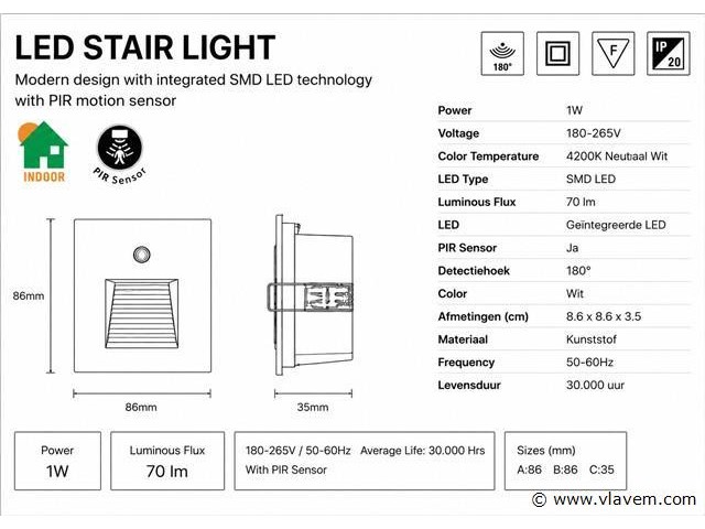 10 x led trapverlichting 1w – 4200k neutraal wit - wit – pir sensor – ip20 – diamond - afbeelding 4 van  5