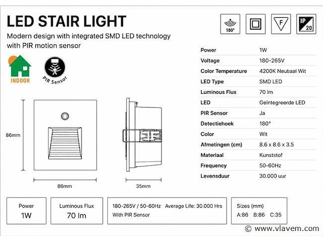 10 x led trapverlichting 1w – 4200k neutraal wit - wit – pir sensor – ip20 – diamond - afbeelding 4 van  5