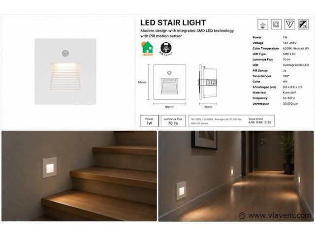10 x led trapverlichting 1w – 4200k neutraal wit - wit – pir sensor – ip20 – diamond - afbeelding 5 van  5