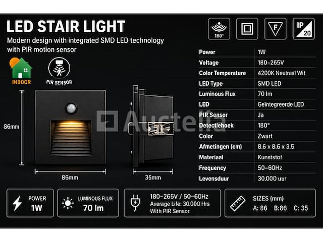 10 x led trapverlichting 1w – 4200k neutraal wit - zwart – pir sensor – ip20 – diamond - afbeelding 3 van  5