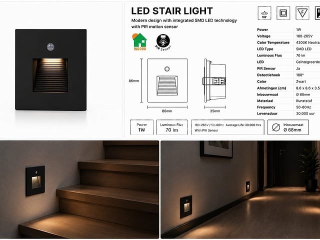 10 x led trapverlichting 1w – 4200k neutraal wit - zwart – pir sensor – ip20 – diamond - afbeelding 2 van  5