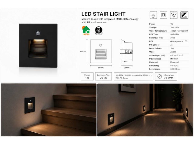 10 x led trapverlichting 1w – 4200k neutraal wit - zwart – pir sensor – ip20 – diamond - afbeelding 3 van  3
