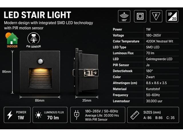 10 x led trapverlichting 1w – 4200k neutraal wit - zwart – pir sensor – ip20 – diamond - afbeelding 4 van  5