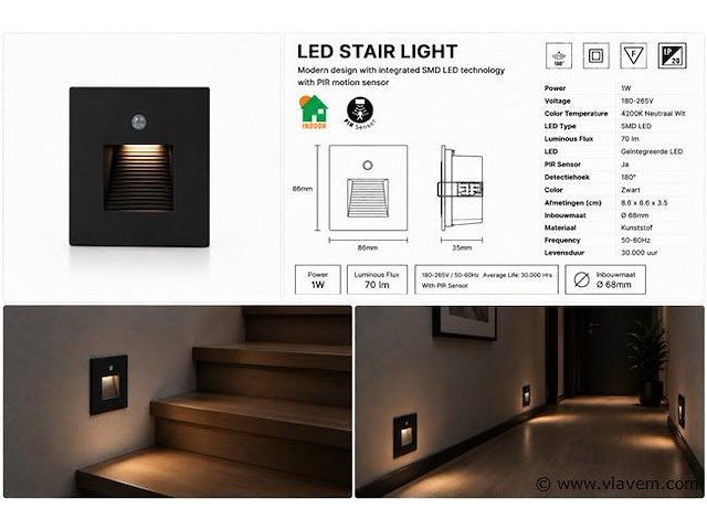 10 x led trapverlichting 1w – 4200k neutraal wit - zwart – pir sensor – ip20 – diamond - afbeelding 5 van  5