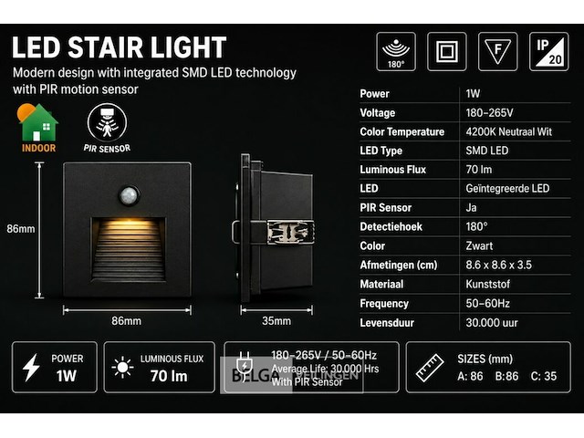 10 x led trapverlichting 1w – 4200k neutraal wit - zwart – pir sensor – ip20 – diamond - afbeelding 5 van  6