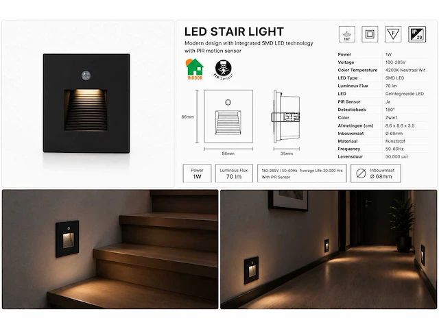 10 x led trapverlichting 1w – 4200k neutraal wit - zwart – pir sensor – ip20 – diamond - afbeelding 5 van  5