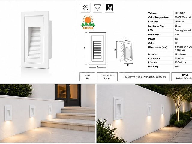 10 x led trapverlichting 3w – 3000k warm wit - rechthoek – wit – ip54 – yoga-v1 - afbeelding 3 van  5