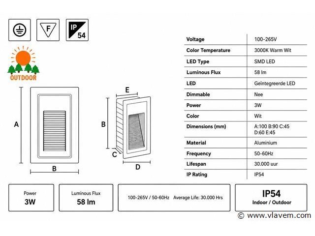 10 x led trapverlichting 3w – 3000k warm wit - rechthoek – wit – ip54 – yoga-v1 - afbeelding 4 van  5