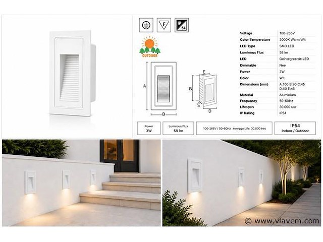 10 x led trapverlichting 3w – 3000k warm wit - rechthoek – wit – ip54 – yoga-v1 - afbeelding 5 van  5