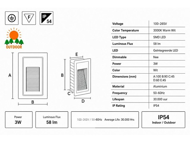 10 x led trapverlichting 3w – 3000k warm wit - rechthoek – wit – ip54 – yoga-v1 - afbeelding 5 van  6