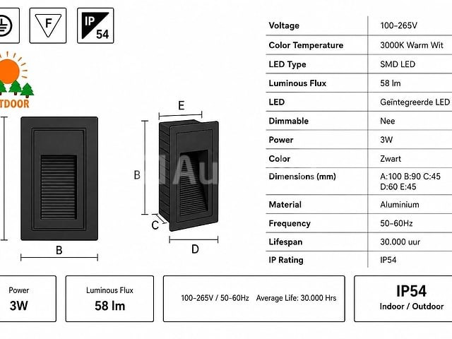 10 x led trapverlichting 3w – 3000k warm wit - rechthoek – zwart – ip54 – yoga-v1 - afbeelding 3 van  5