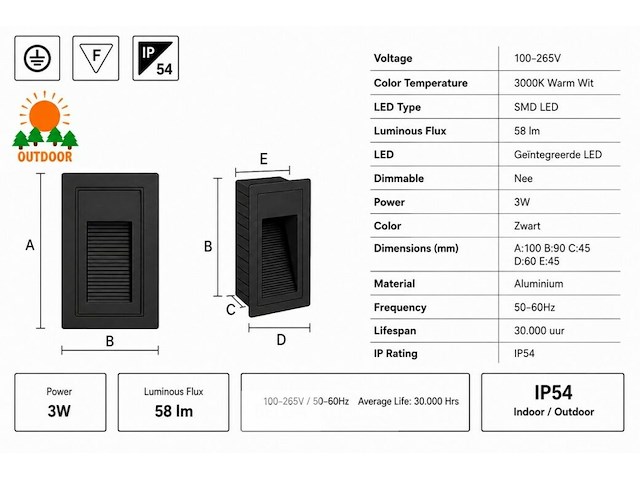 10 x led trapverlichting 3w – 3000k warm wit - rechthoek – zwart – ip54 – yoga-v1 - afbeelding 5 van  6