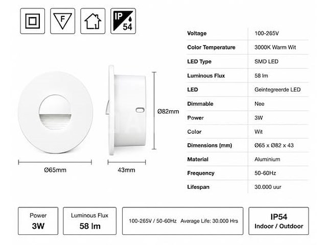 10 x led trapverlichting 3w – 3000k warm wit - rond – wit – ip54 – icon-r - afbeelding 2 van  5