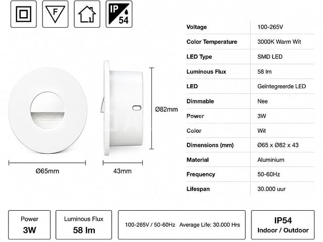 10 x led trapverlichting 3w – 3000k warm wit - rond – wit – ip54 – icon-r - afbeelding 3 van  5