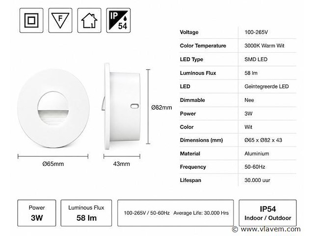 10 x led trapverlichting 3w – 3000k warm wit - rond – wit – ip54 – icon-r - afbeelding 4 van  5