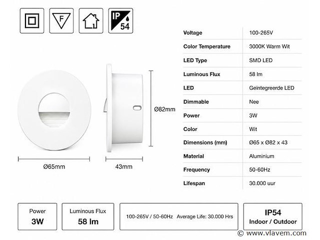 10 x led trapverlichting 3w – 3000k warm wit - rond – wit – ip54 – icon-r - afbeelding 4 van  5