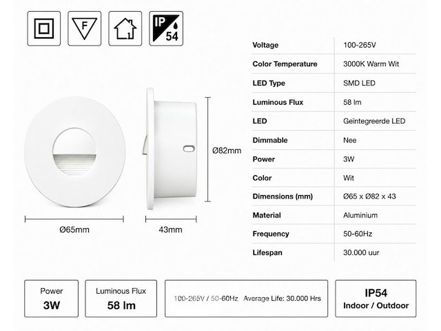 10 x led trapverlichting 3w – 3000k warm wit - rond – wit – ip54 – icon-r - afbeelding 5 van  6