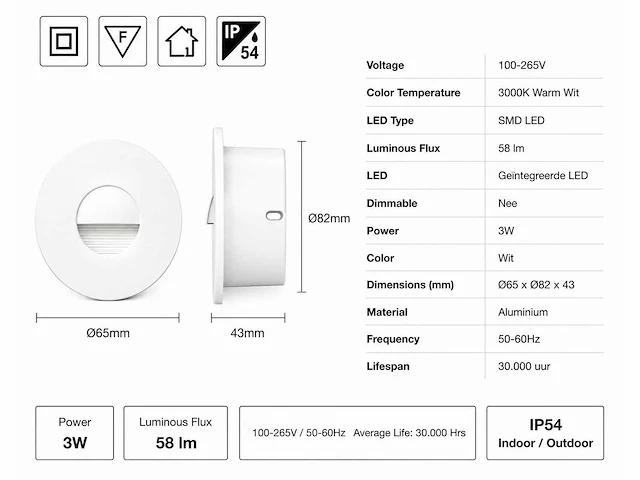 10 x led trapverlichting 3w – 3000k warm wit - rond – wit – ip54 – icon-r - afbeelding 4 van  5